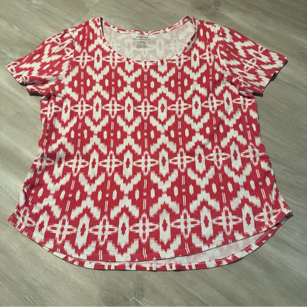 Chico’s The Ultimate Tee Pink White Print Top Sz 3 Xl
